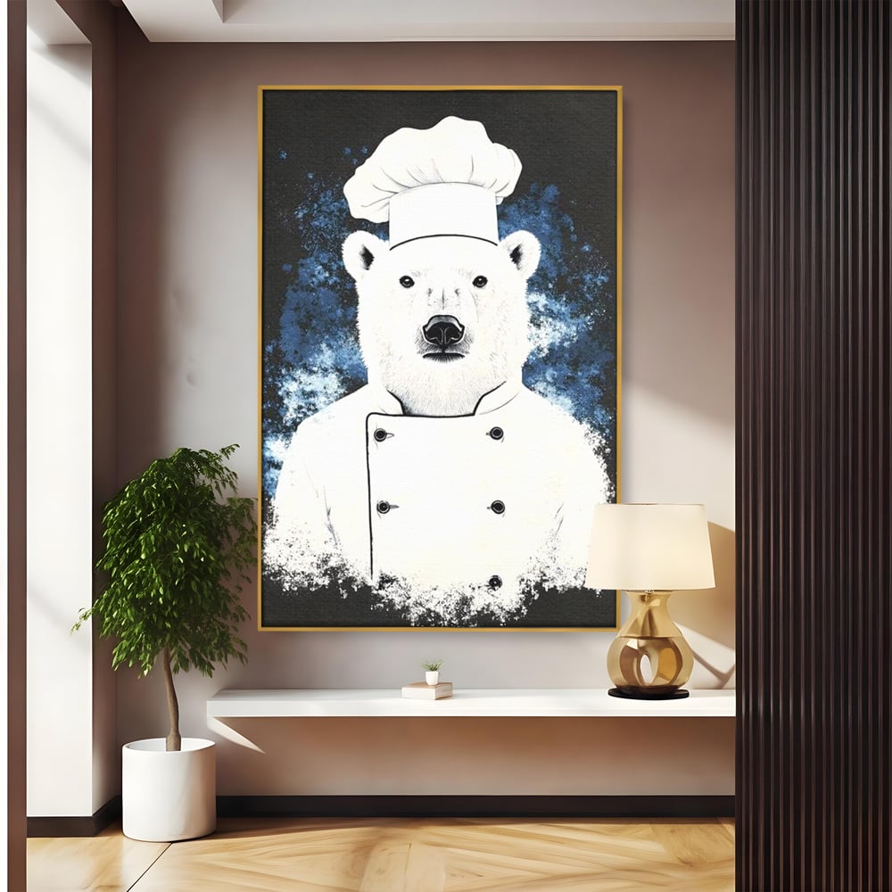 Leinwand Wandkunst Canvas Premium, LuxCanva® M1008, Northern Kitchen, Koch, Koch, weiß, Tier, Bär, Rezepte, Kulinarik, Gastronomie, Küche, Büro, Wohnen, Kinderzimmer