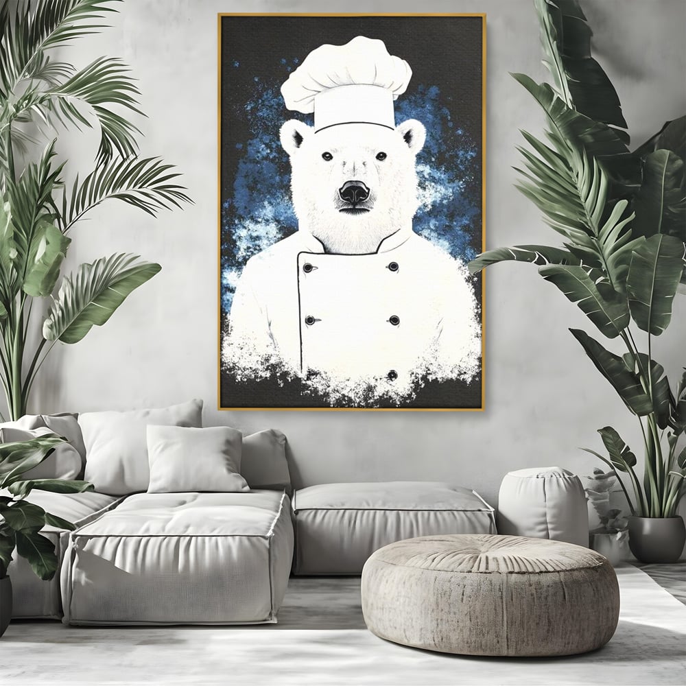 Leinwand Wandkunst Canvas Premium, LuxCanva® M1008, Northern Kitchen, Koch, Koch, weiß, Tier, Bär, Rezepte, Kulinarik, Gastronomie, Küche, Büro, Wohnen, Kinderzimmer