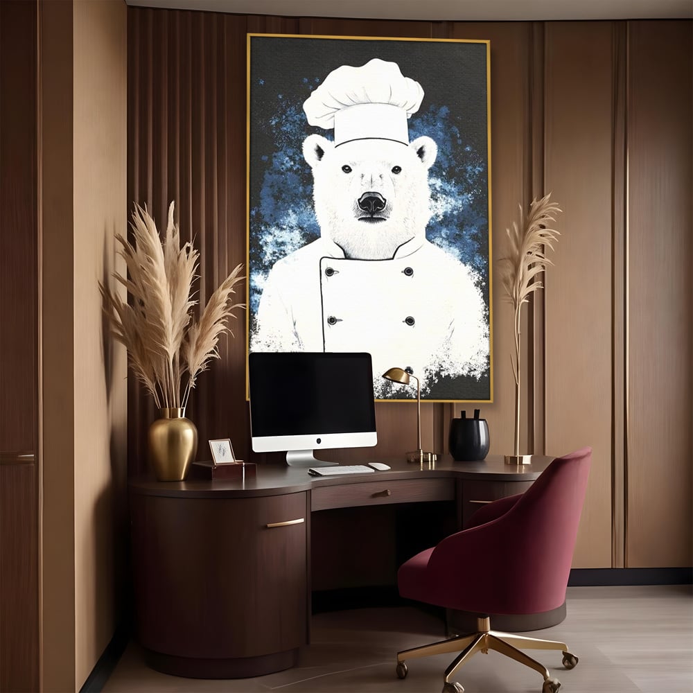 Leinwand Wandkunst Canvas Premium, LuxCanva® M1008, Northern Kitchen, Koch, Koch, weiß, Tier, Bär, Rezepte, Kulinarik, Gastronomie, Küche, Büro, Wohnen, Kinderzimmer