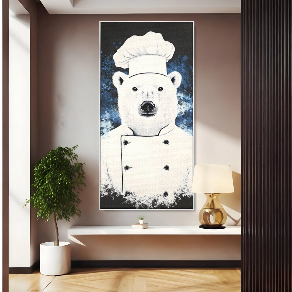 Leinwand Wandkunst Canvas Premium, LuxCanva® M1008, Northern Kitchen, Koch, Koch, weiß, Tier, Bär, Rezepte, Kulinarik, Gastronomie, Küche, Büro, Wohnen, Kinderzimmer
