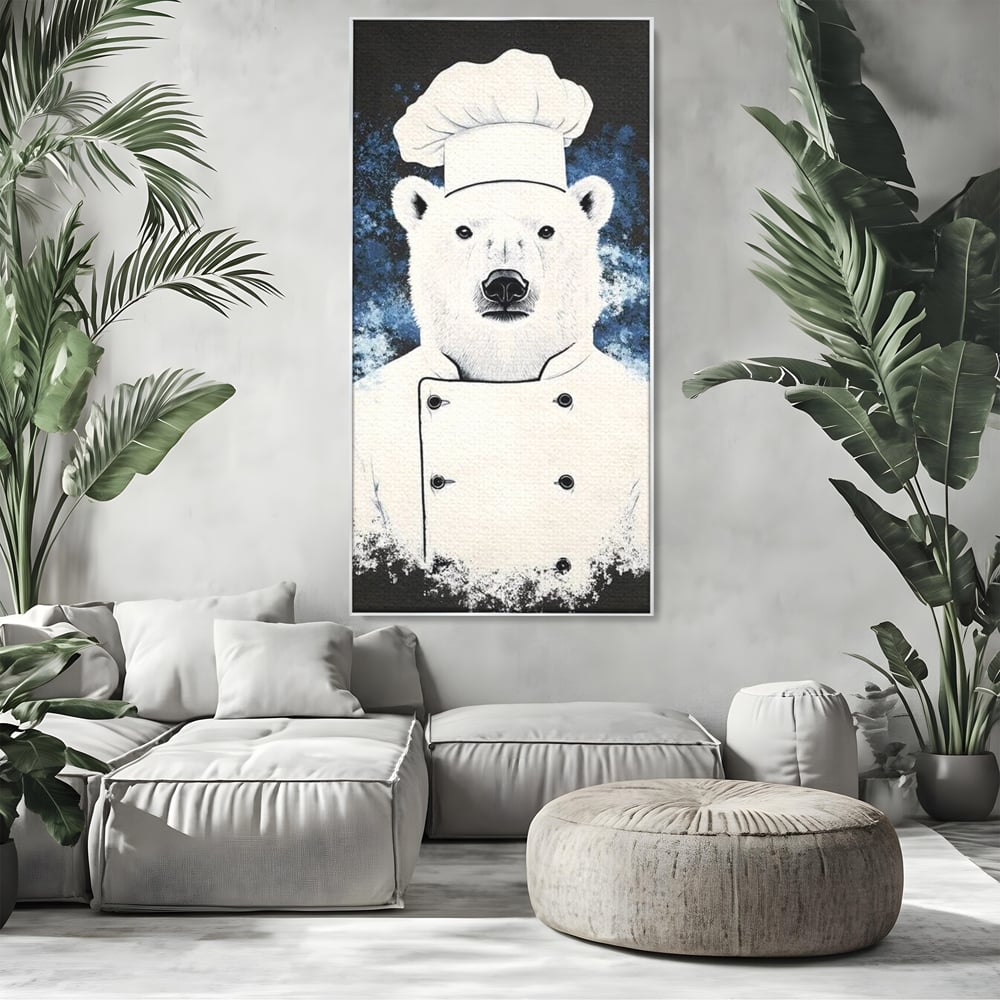 Leinwand Wandkunst Canvas Premium, LuxCanva® M1008, Northern Kitchen, Koch, Koch, weiß, Tier, Bär, Rezepte, Kulinarik, Gastronomie, Küche, Büro, Wohnen, Kinderzimmer