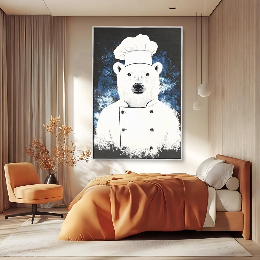 Leinwand Wandkunst Canvas Premium, LuxCanva® M1008, Northern Kitchen, Koch, Koch, weiß, Tier, Bär, Rezepte, Kulinarik, Gastronomie, Küche, Büro, Wohnen, Kinderzimmer