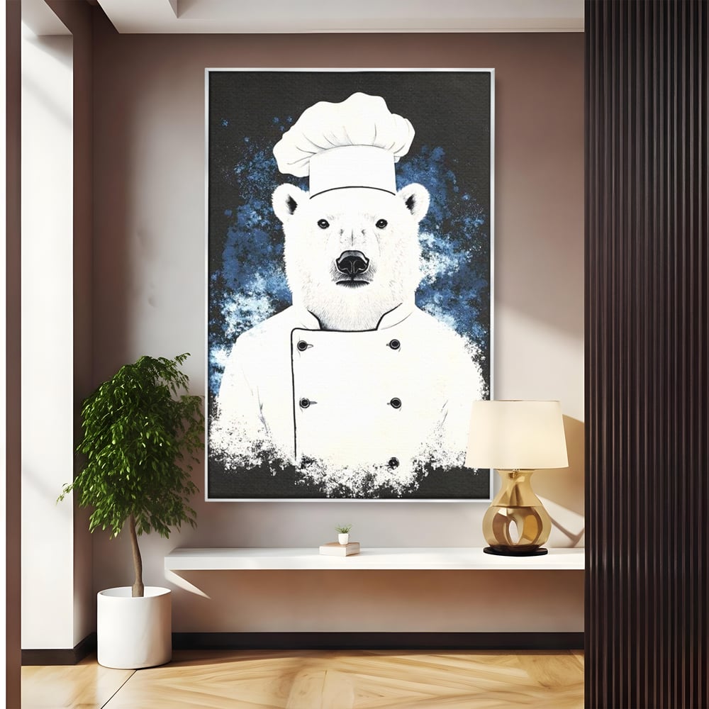 Leinwand Wandkunst Canvas Premium, LuxCanva® M1008, Northern Kitchen, Koch, Koch, weiß, Tier, Bär, Rezepte, Kulinarik, Gastronomie, Küche, Büro, Wohnen, Kinderzimmer
