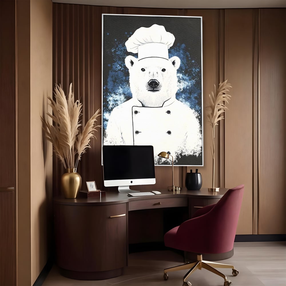 Leinwand Wandkunst Canvas Premium, LuxCanva® M1008, Northern Kitchen, Koch, Koch, weiß, Tier, Bär, Rezepte, Kulinarik, Gastronomie, Küche, Büro, Wohnen, Kinderzimmer
