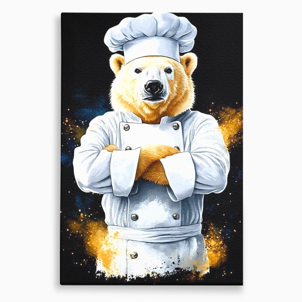 Leinwand Wandkunst Canvas Premium, LuxCanva® M1009, Pelzige Meister, Motivation, Einstellung, Macht, Bär, Kochen, Weiß, Lustig, Küche, Büro, Wohnen, Kinderzimmer