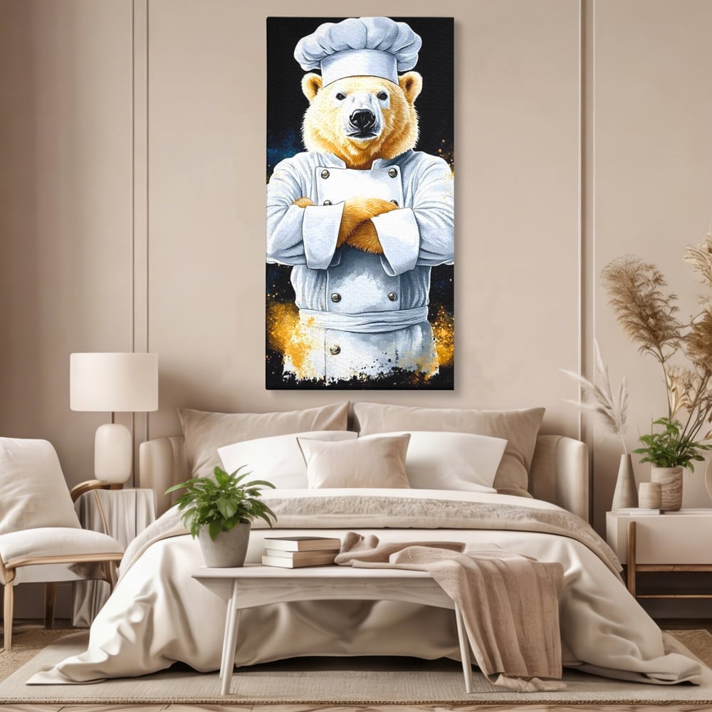 Leinwand Wandkunst Canvas Premium, LuxCanva® M1009, Pelzige Meister, Motivation, Einstellung, Macht, Bär, Kochen, Weiß, Lustig, Küche, Büro, Wohnen, Kinderzimmer