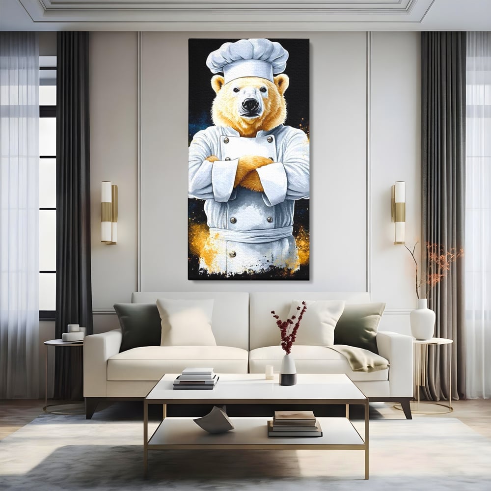 Leinwand Wandkunst Canvas Premium, LuxCanva® M1009, Pelzige Meister, Motivation, Einstellung, Macht, Bär, Kochen, Weiß, Lustig, Küche, Büro, Wohnen, Kinderzimmer