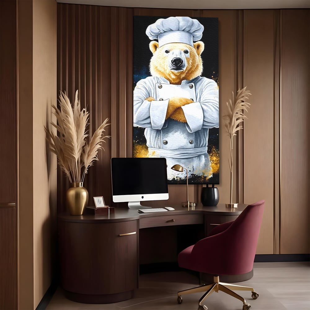 Leinwand Wandkunst Canvas Premium, LuxCanva® M1009, Pelzige Meister, Motivation, Einstellung, Macht, Bär, Kochen, Weiß, Lustig, Küche, Büro, Wohnen, Kinderzimmer
