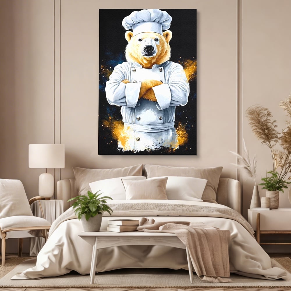 Leinwand Wandkunst Canvas Premium, LuxCanva® M1009, Pelzige Meister, Motivation, Einstellung, Macht, Bär, Kochen, Weiß, Lustig, Küche, Büro, Wohnen, Kinderzimmer