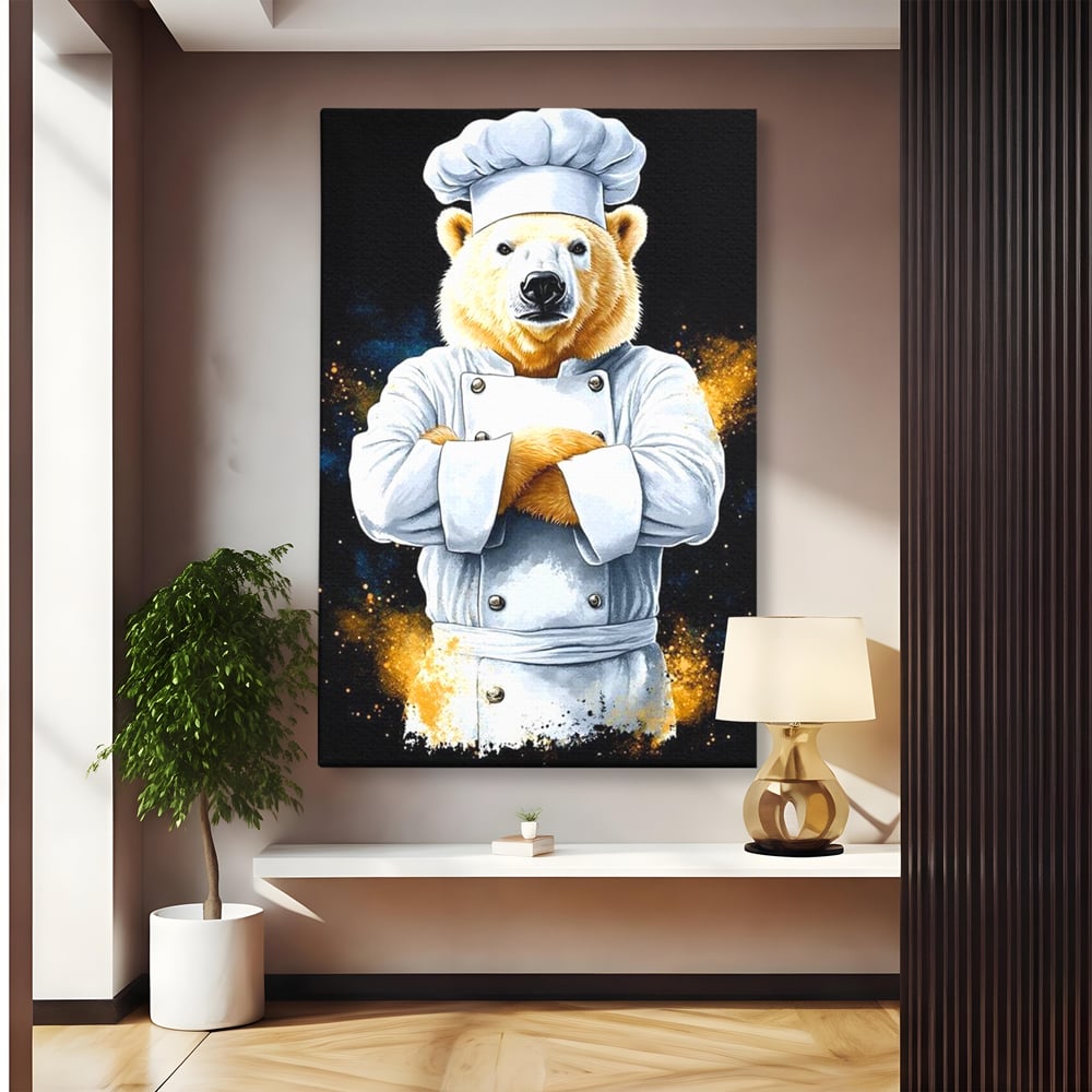 Leinwand Wandkunst Canvas Premium, LuxCanva® M1009, Pelzige Meister, Motivation, Einstellung, Macht, Bär, Kochen, Weiß, Lustig, Küche, Büro, Wohnen, Kinderzimmer