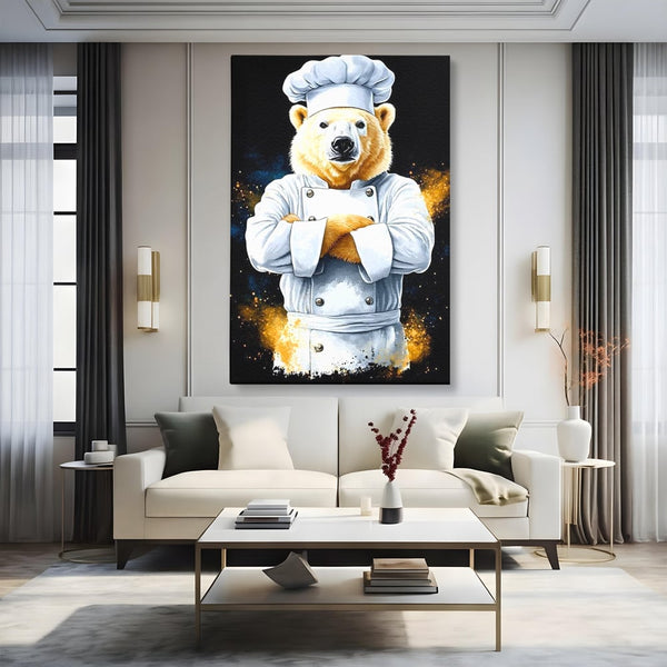 Leinwand Wandkunst Canvas Premium, LuxCanva® M1009, Pelzige Meister, Motivation, Einstellung, Macht, Bär, Kochen, Weiß, Lustig, Küche, Büro, Wohnen, Kinderzimmer