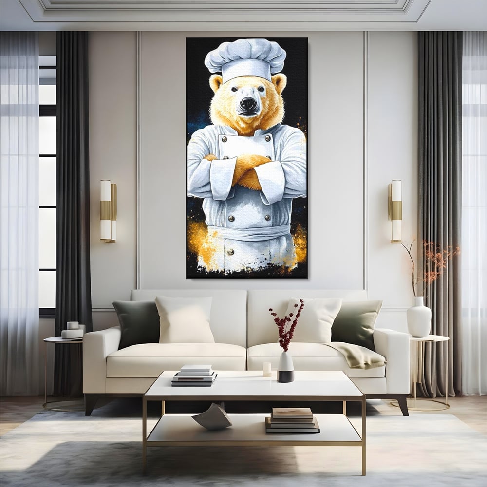 Leinwand Wandkunst Canvas Premium, LuxCanva® M1009, Pelzige Meister, Motivation, Einstellung, Macht, Bär, Kochen, Weiß, Lustig, Küche, Büro, Wohnen, Kinderzimmer