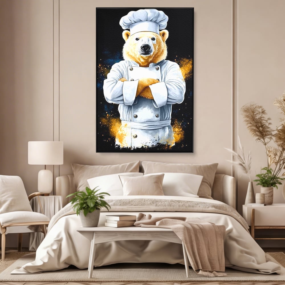 Leinwand Wandkunst Canvas Premium, LuxCanva® M1009, Pelzige Meister, Motivation, Einstellung, Macht, Bär, Kochen, Weiß, Lustig, Küche, Büro, Wohnen, Kinderzimmer