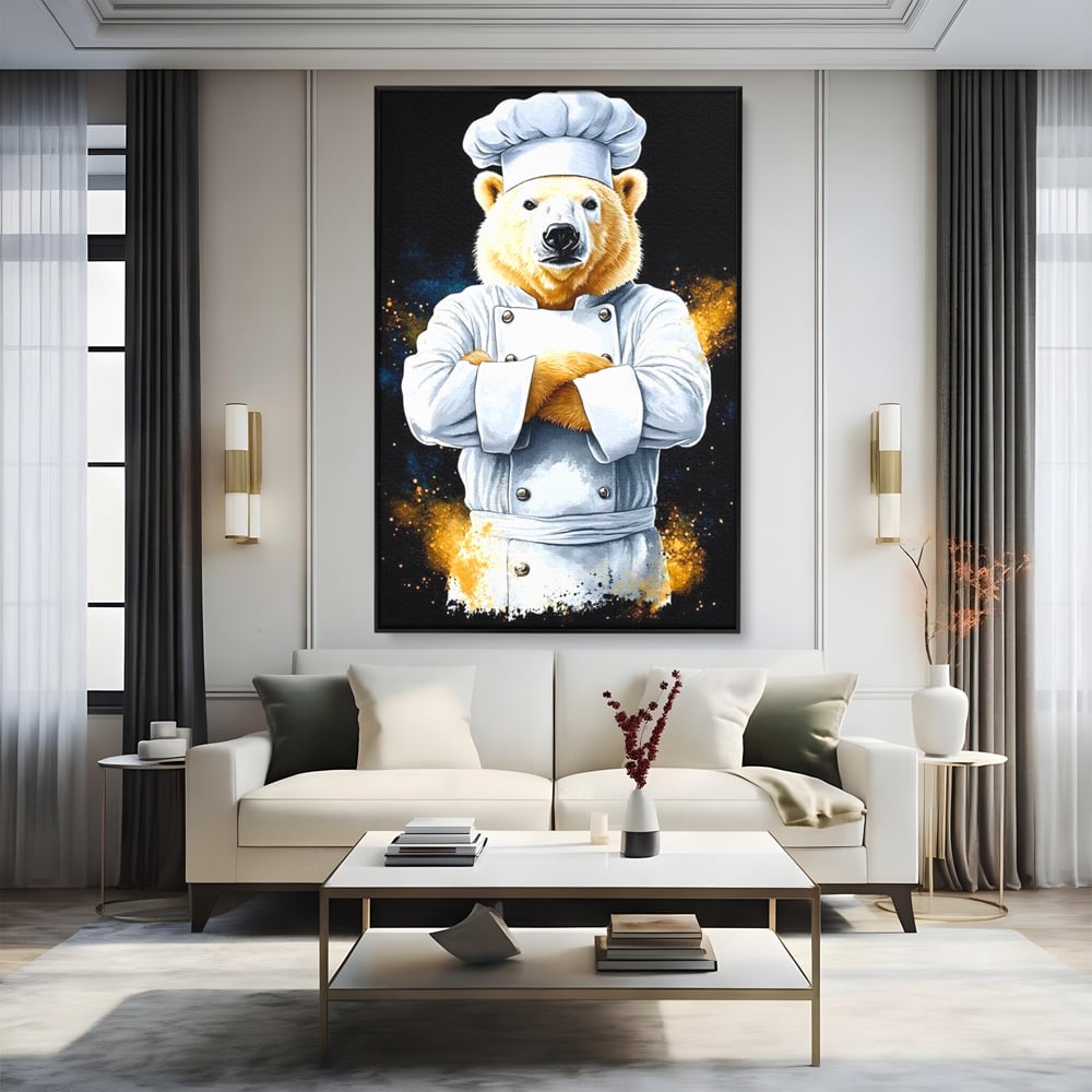 Leinwand Wandkunst Canvas Premium, LuxCanva® M1009, Pelzige Meister, Motivation, Einstellung, Macht, Bär, Kochen, Weiß, Lustig, Küche, Büro, Wohnen, Kinderzimmer
