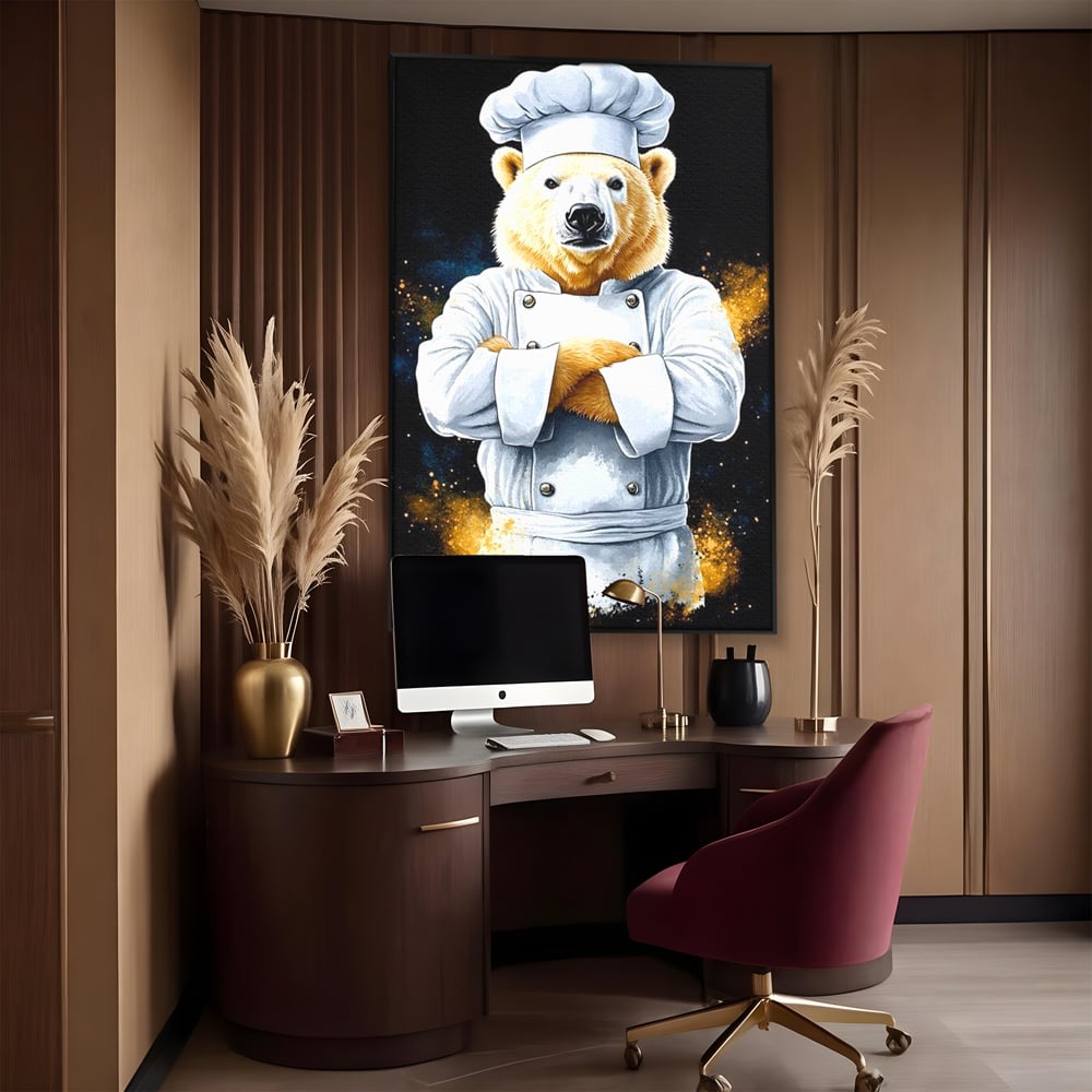 Leinwand Wandkunst Canvas Premium, LuxCanva® M1009, Pelzige Meister, Motivation, Einstellung, Macht, Bär, Kochen, Weiß, Lustig, Küche, Büro, Wohnen, Kinderzimmer