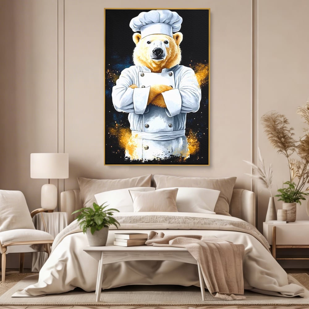 Leinwand Wandkunst Canvas Premium, LuxCanva® M1009, Pelzige Meister, Motivation, Einstellung, Macht, Bär, Kochen, Weiß, Lustig, Küche, Büro, Wohnen, Kinderzimmer