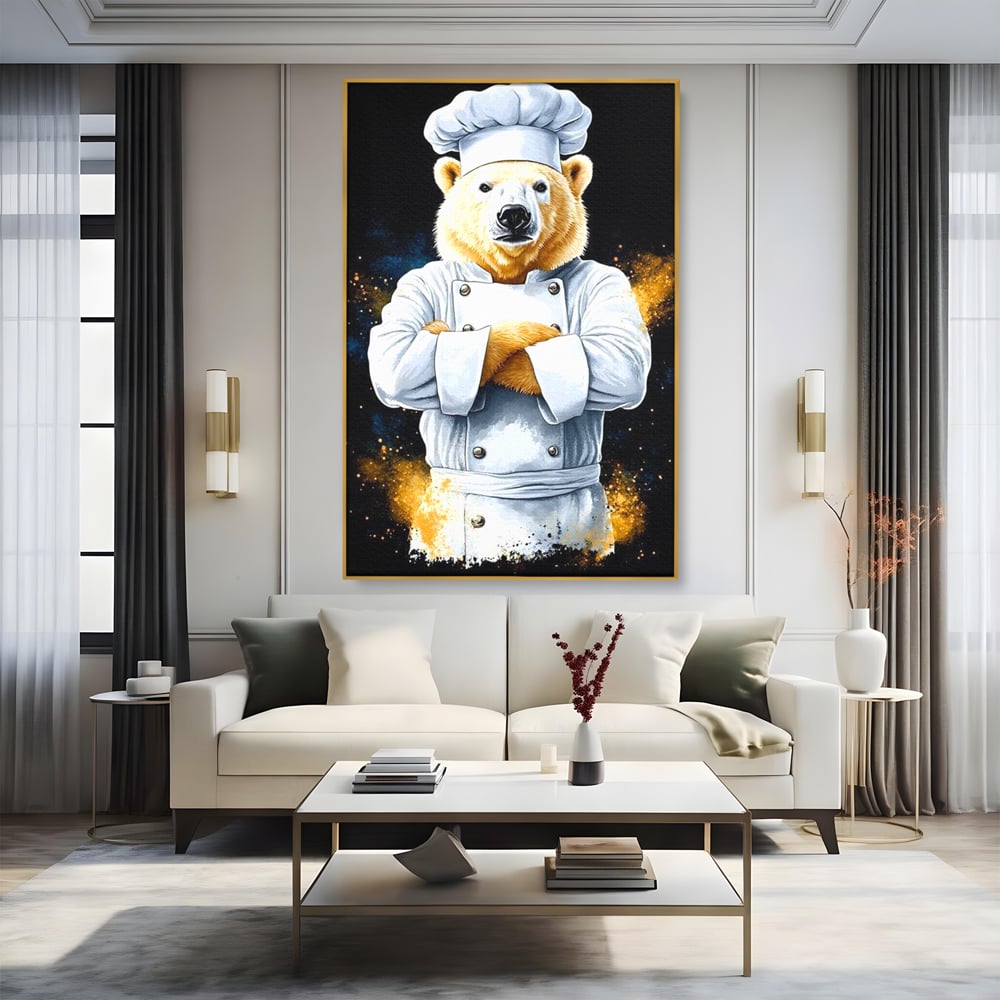 Leinwand Wandkunst Canvas Premium, LuxCanva® M1009, Pelzige Meister, Motivation, Einstellung, Macht, Bär, Kochen, Weiß, Lustig, Küche, Büro, Wohnen, Kinderzimmer