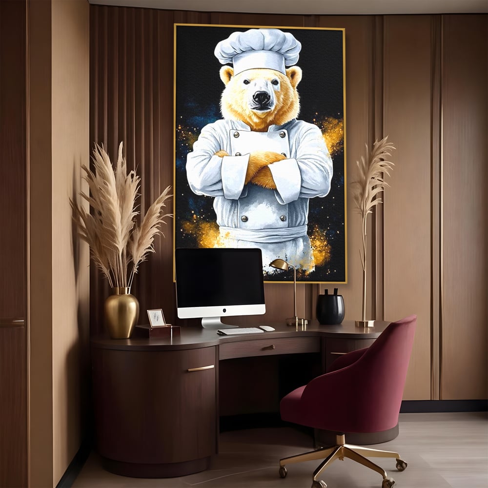 Leinwand Wandkunst Canvas Premium, LuxCanva® M1009, Pelzige Meister, Motivation, Einstellung, Macht, Bär, Kochen, Weiß, Lustig, Küche, Büro, Wohnen, Kinderzimmer