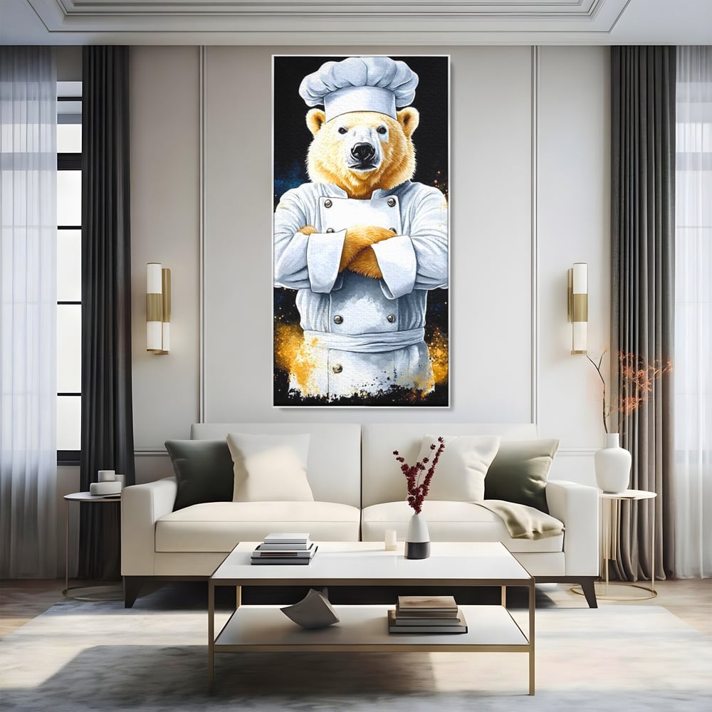 Leinwand Wandkunst Canvas Premium, LuxCanva® M1009, Pelzige Meister, Motivation, Einstellung, Macht, Bär, Kochen, Weiß, Lustig, Küche, Büro, Wohnen, Kinderzimmer