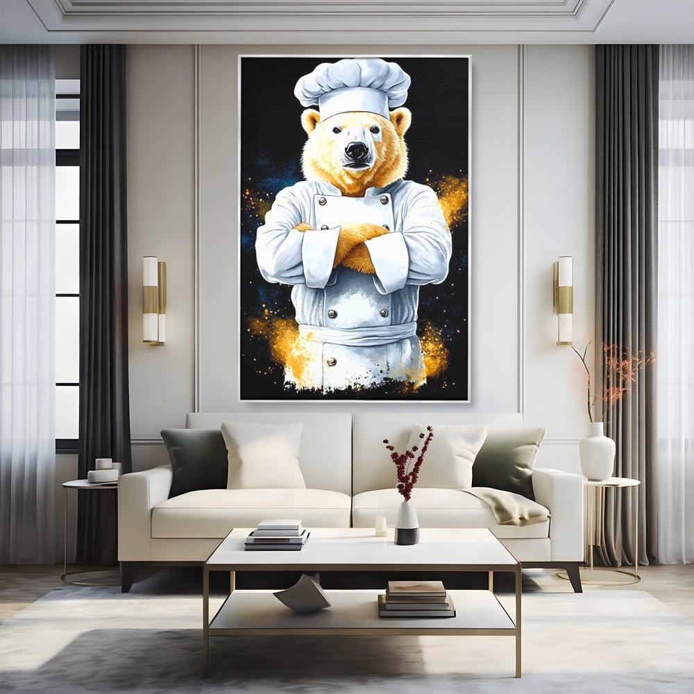 Leinwand Wandkunst Canvas Premium, LuxCanva® M1009, Pelzige Meister, Motivation, Einstellung, Macht, Bär, Kochen, Weiß, Lustig, Küche, Büro, Wohnen, Kinderzimmer