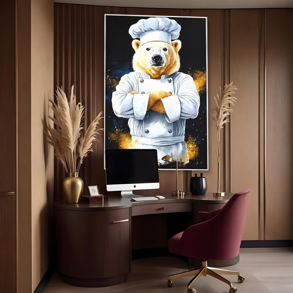 Leinwand Wandkunst Canvas Premium, LuxCanva® M1009, Pelzige Meister, Motivation, Einstellung, Macht, Bär, Kochen, Weiß, Lustig, Küche, Büro, Wohnen, Kinderzimmer