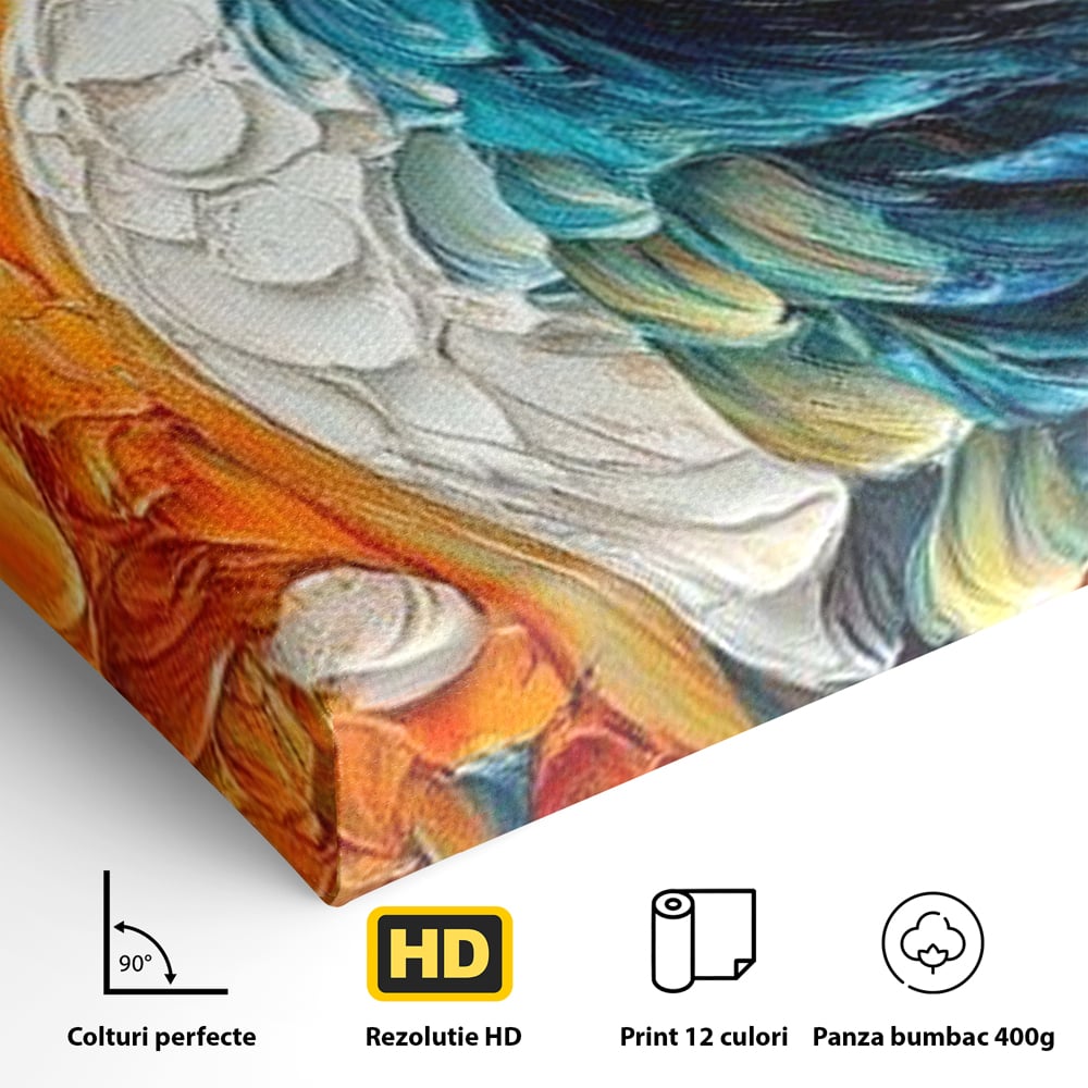 Leinwandbilder Premium, LuxCanva® M1010, Pfau Gemalt Sonne, Vogel, Vogel, Vogelfeder, Blumen, Blütenblätter, Porträt, Pfau, Elegant, Textur, Farbig, Büro, Wohnen, Kinderzimmer