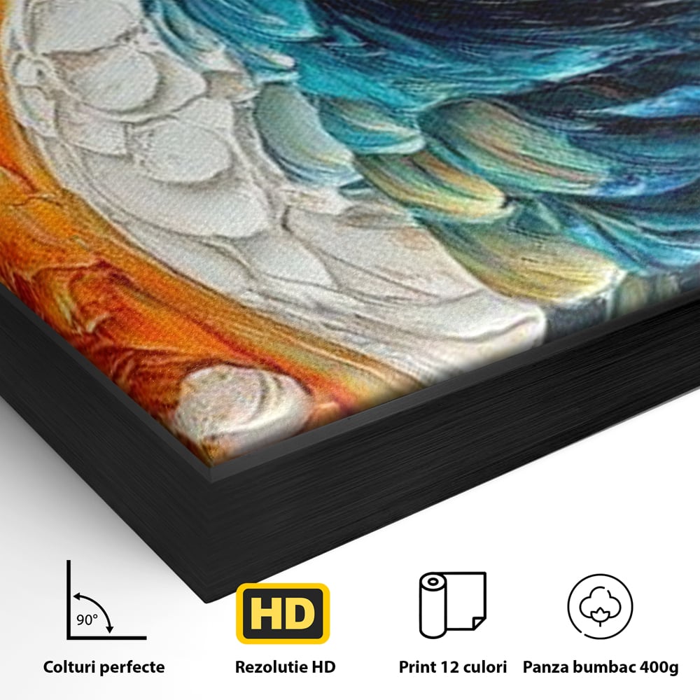 Leinwandbilder Premium, LuxCanva® M1010, Pfau Gemalt Sonne, Vogel, Vogel, Vogelfeder, Blumen, Blütenblätter, Porträt, Pfau, Elegant, Textur, Farbig, Büro, Wohnen, Kinderzimmer