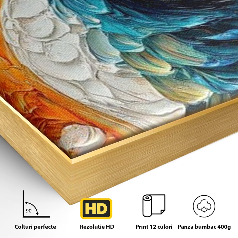 Leinwandbilder Premium, LuxCanva® M1010, Pfau Gemalt Sonne, Vogel, Vogel, Vogelfeder, Blumen, Blütenblätter, Porträt, Pfau, Elegant, Textur, Farbig, Büro, Wohnen, Kinderzimmer