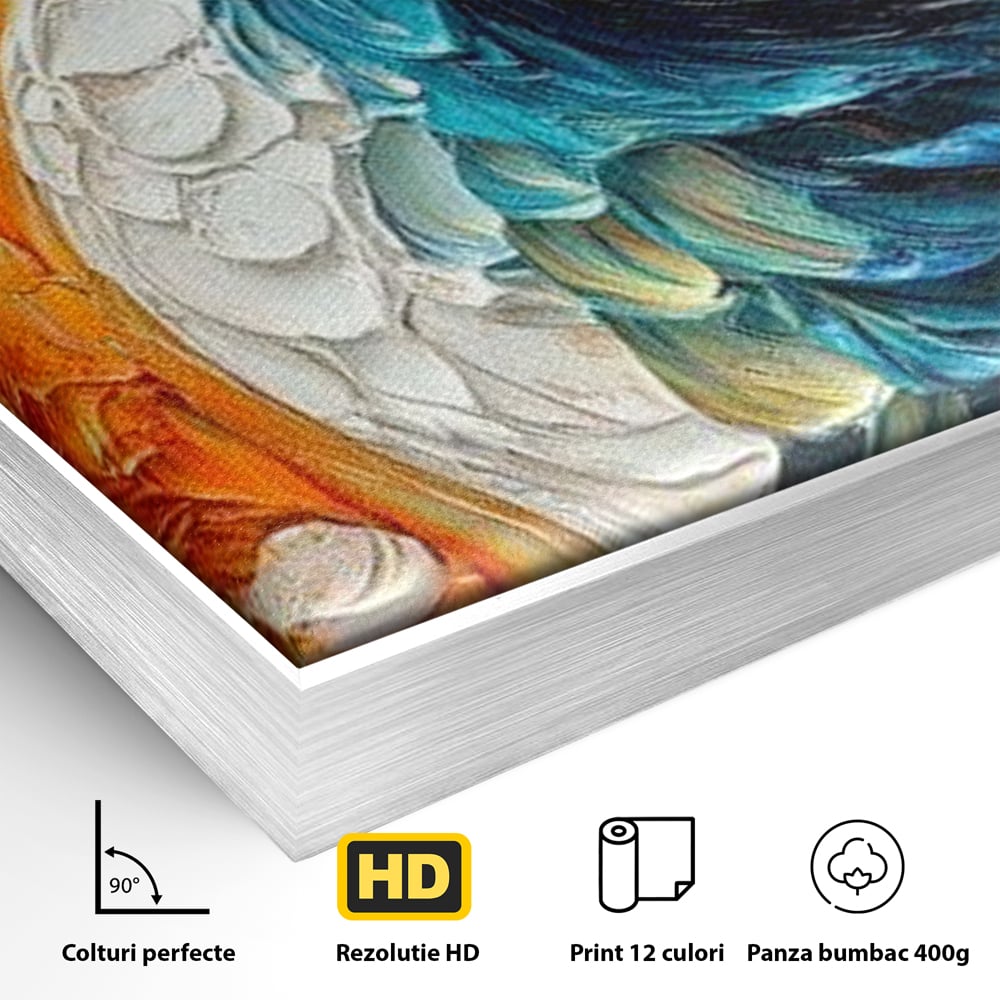 Leinwandbilder Premium, LuxCanva® M1010, Pfau Gemalt Sonne, Vogel, Vogel, Vogelfeder, Blumen, Blütenblätter, Porträt, Pfau, Elegant, Textur, Farbig, Büro, Wohnen, Kinderzimmer