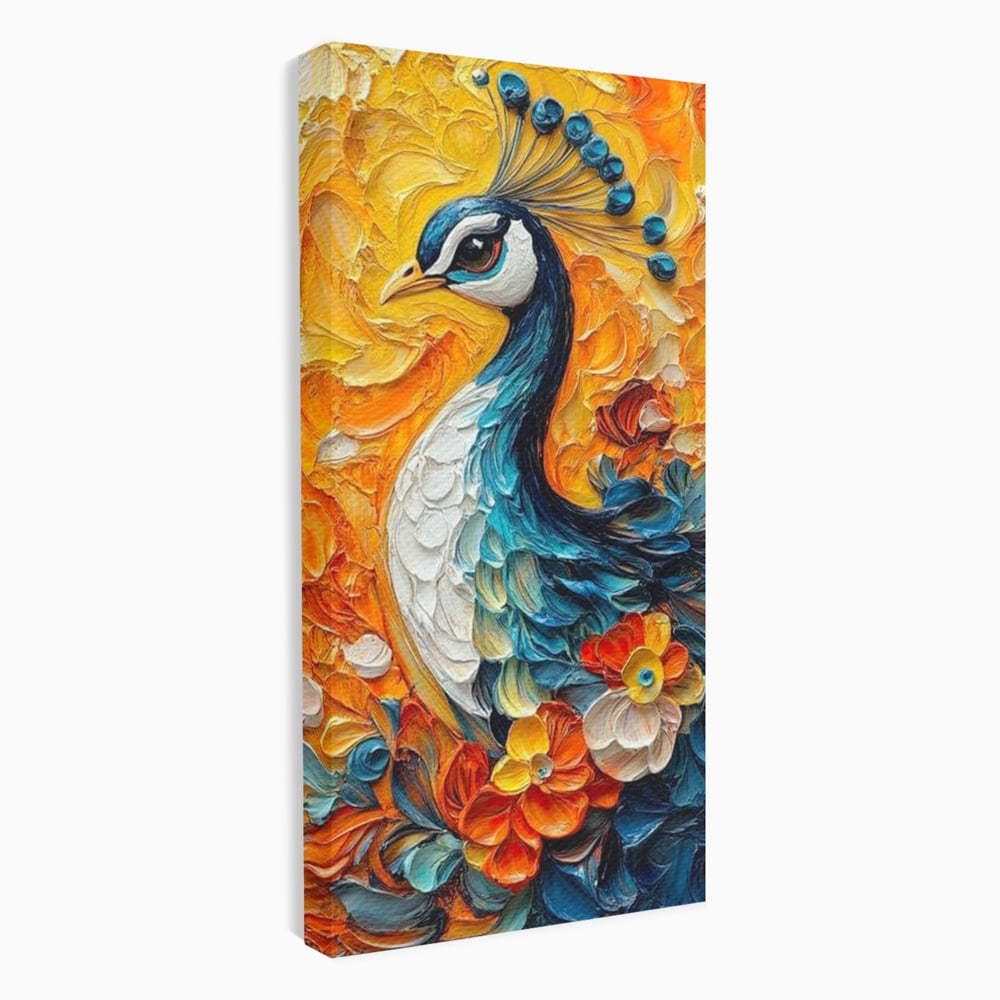 Leinwandbilder Premium, LuxCanva® M1010, Pfau Gemalt Sonne, Vogel, Vogel, Vogelfeder, Blumen, Blütenblätter, Porträt, Pfau, Elegant, Textur, Farbig, Büro, Wohnen, Kinderzimmer