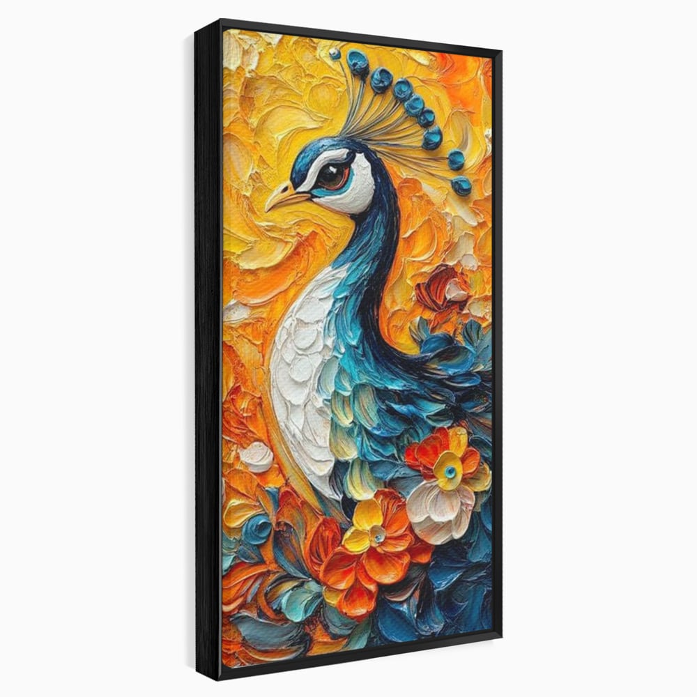 Leinwandbilder Premium, LuxCanva® M1010, Pfau Gemalt Sonne, Vogel, Vogel, Vogelfeder, Blumen, Blütenblätter, Porträt, Pfau, Elegant, Textur, Farbig, Büro, Wohnen, Kinderzimmer