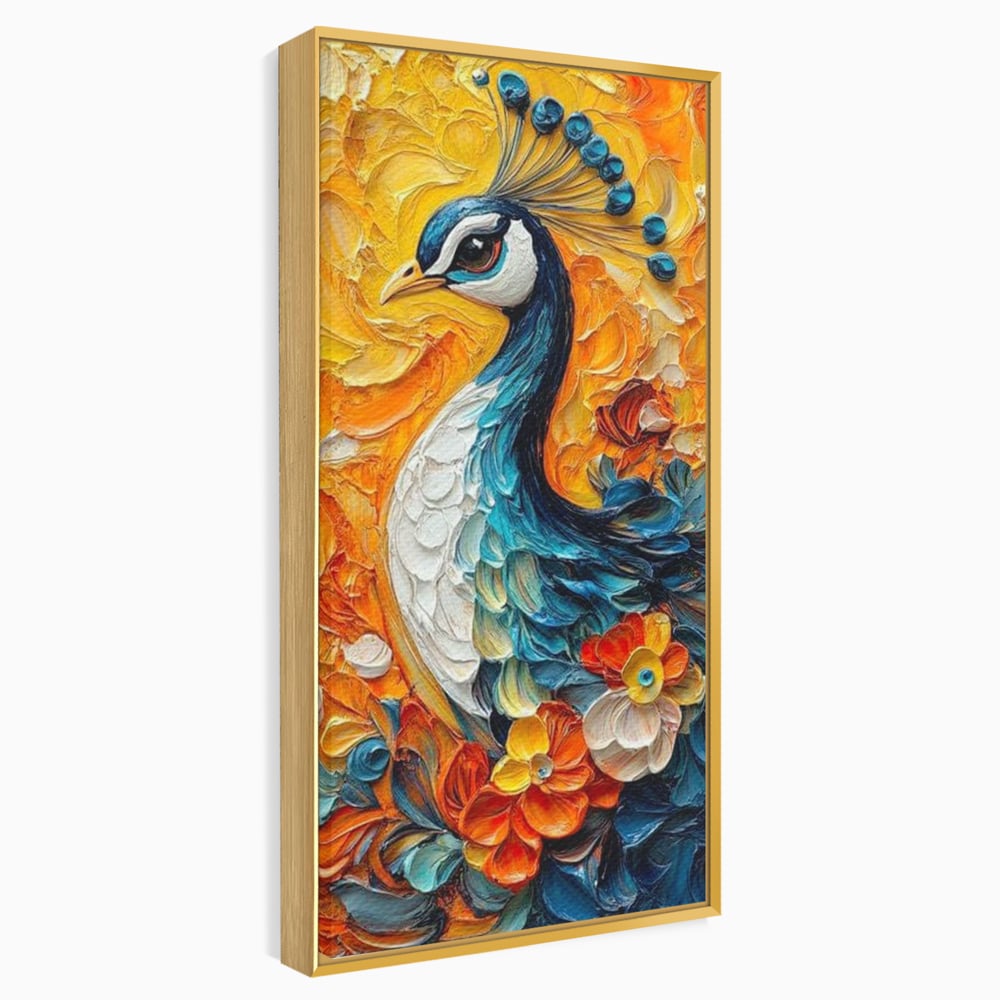 Leinwandbilder Premium, LuxCanva® M1010, Pfau Gemalt Sonne, Vogel, Vogel, Vogelfeder, Blumen, Blütenblätter, Porträt, Pfau, Elegant, Textur, Farbig, Büro, Wohnen, Kinderzimmer