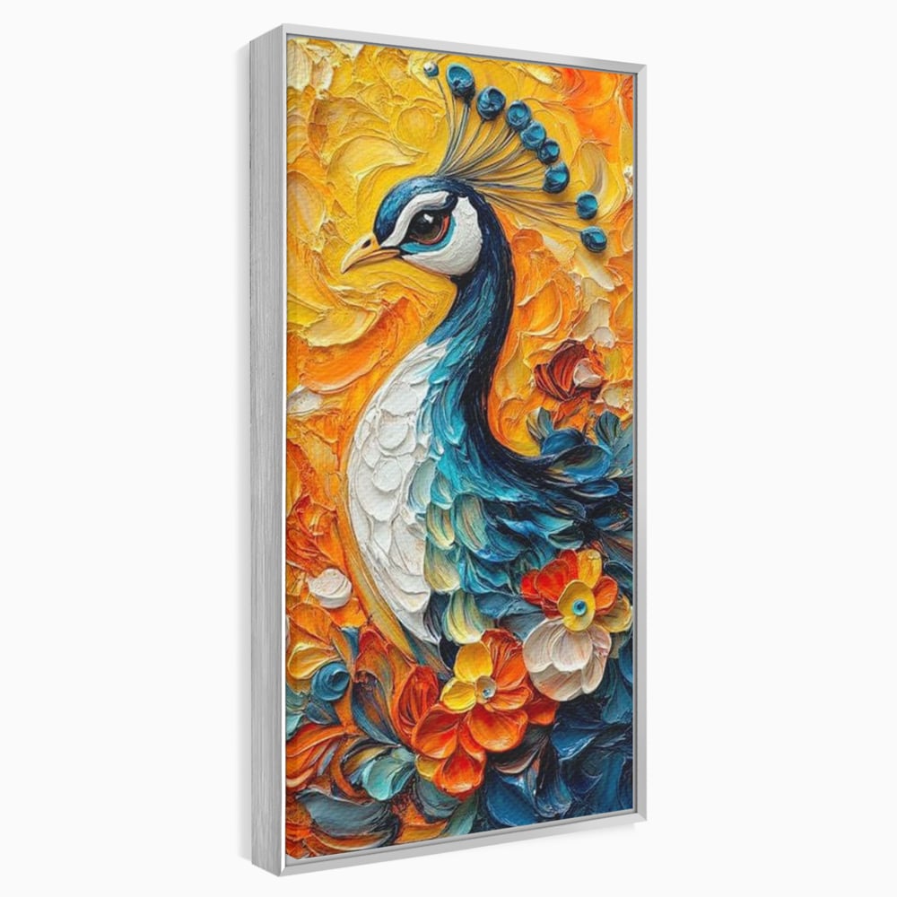 Leinwandbilder Premium, LuxCanva® M1010, Pfau Gemalt Sonne, Vogel, Vogel, Vogelfeder, Blumen, Blütenblätter, Porträt, Pfau, Elegant, Textur, Farbig, Büro, Wohnen, Kinderzimmer