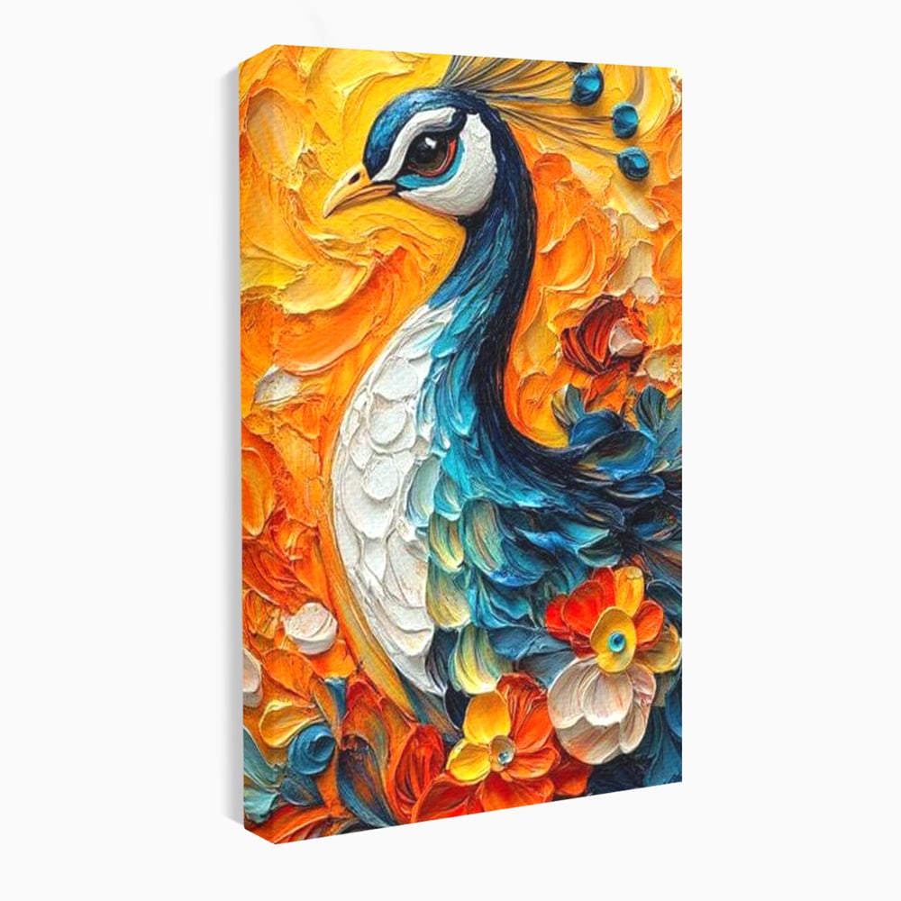 Leinwandbilder Premium, LuxCanva® M1010, Pfau Gemalt Sonne, Vogel, Vogel, Vogelfeder, Blumen, Blütenblätter, Porträt, Pfau, Elegant, Textur, Farbig, Büro, Wohnen, Kinderzimmer