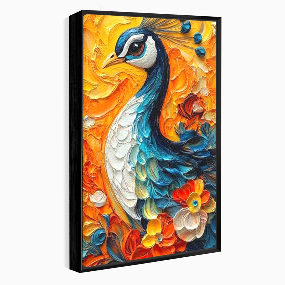 Leinwandbilder Premium, LuxCanva® M1010, Pfau Gemalt Sonne, Vogel, Vogel, Vogelfeder, Blumen, Blütenblätter, Porträt, Pfau, Elegant, Textur, Farbig, Büro, Wohnen, Kinderzimmer