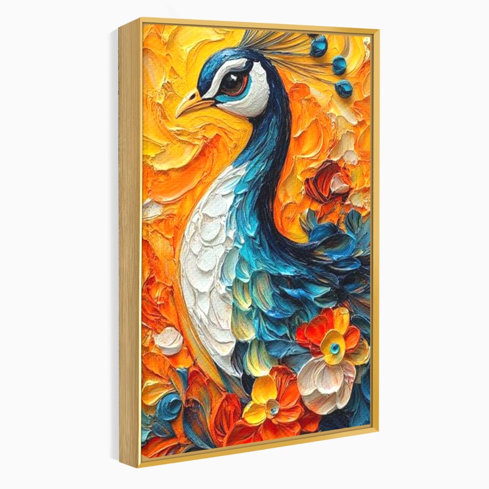 Leinwandbilder Premium, LuxCanva® M1010, Pfau Gemalt Sonne, Vogel, Vogel, Vogelfeder, Blumen, Blütenblätter, Porträt, Pfau, Elegant, Textur, Farbig, Büro, Wohnen, Kinderzimmer