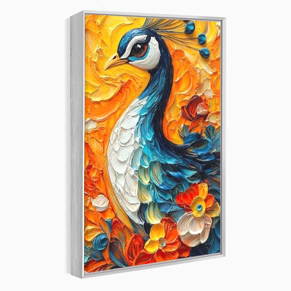Leinwandbilder Premium, LuxCanva® M1010, Pfau Gemalt Sonne, Vogel, Vogel, Vogelfeder, Blumen, Blütenblätter, Porträt, Pfau, Elegant, Textur, Farbig, Büro, Wohnen, Kinderzimmer