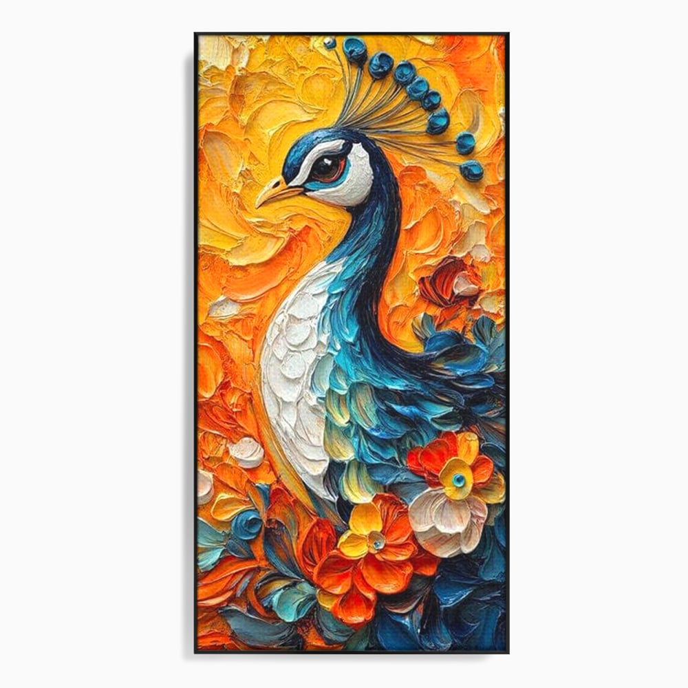 Leinwandbilder Premium, LuxCanva® M1010, Pfau Gemalt Sonne, Vogel, Vogel, Vogelfeder, Blumen, Blütenblätter, Porträt, Pfau, Elegant, Textur, Farbig, Büro, Wohnen, Kinderzimmer