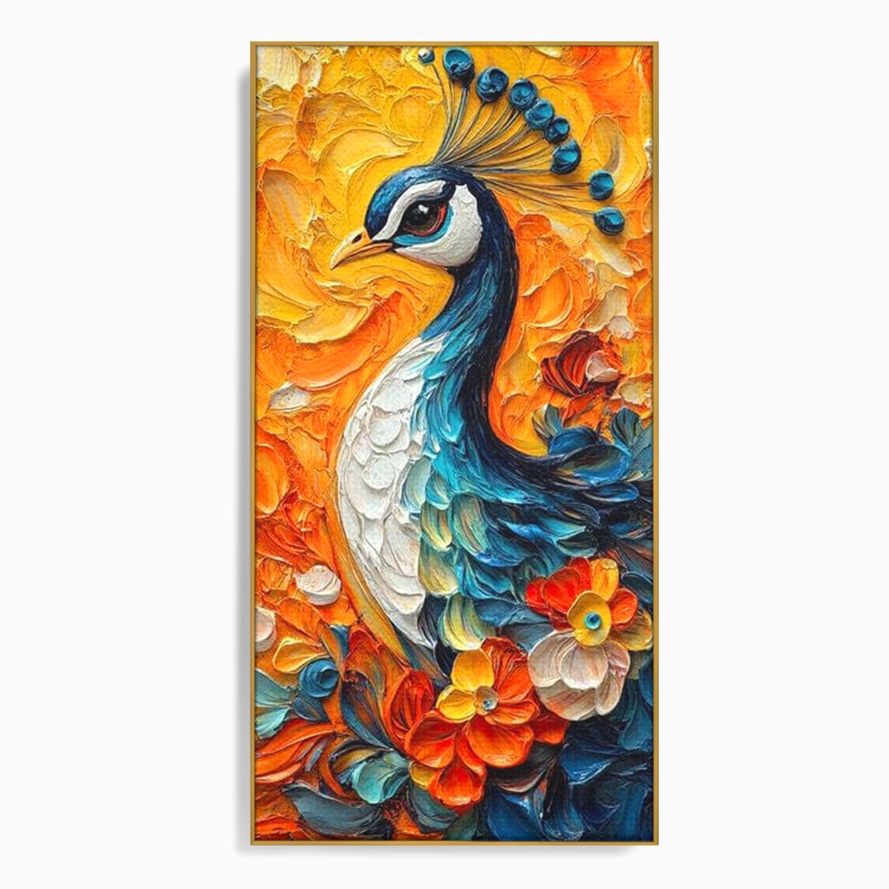 Leinwandbilder Premium, LuxCanva® M1010, Pfau Gemalt Sonne, Vogel, Vogel, Vogelfeder, Blumen, Blütenblätter, Porträt, Pfau, Elegant, Textur, Farbig, Büro, Wohnen, Kinderzimmer