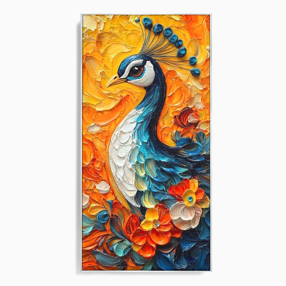 Leinwandbilder Premium, LuxCanva® M1010, Pfau Gemalt Sonne, Vogel, Vogel, Vogelfeder, Blumen, Blütenblätter, Porträt, Pfau, Elegant, Textur, Farbig, Büro, Wohnen, Kinderzimmer