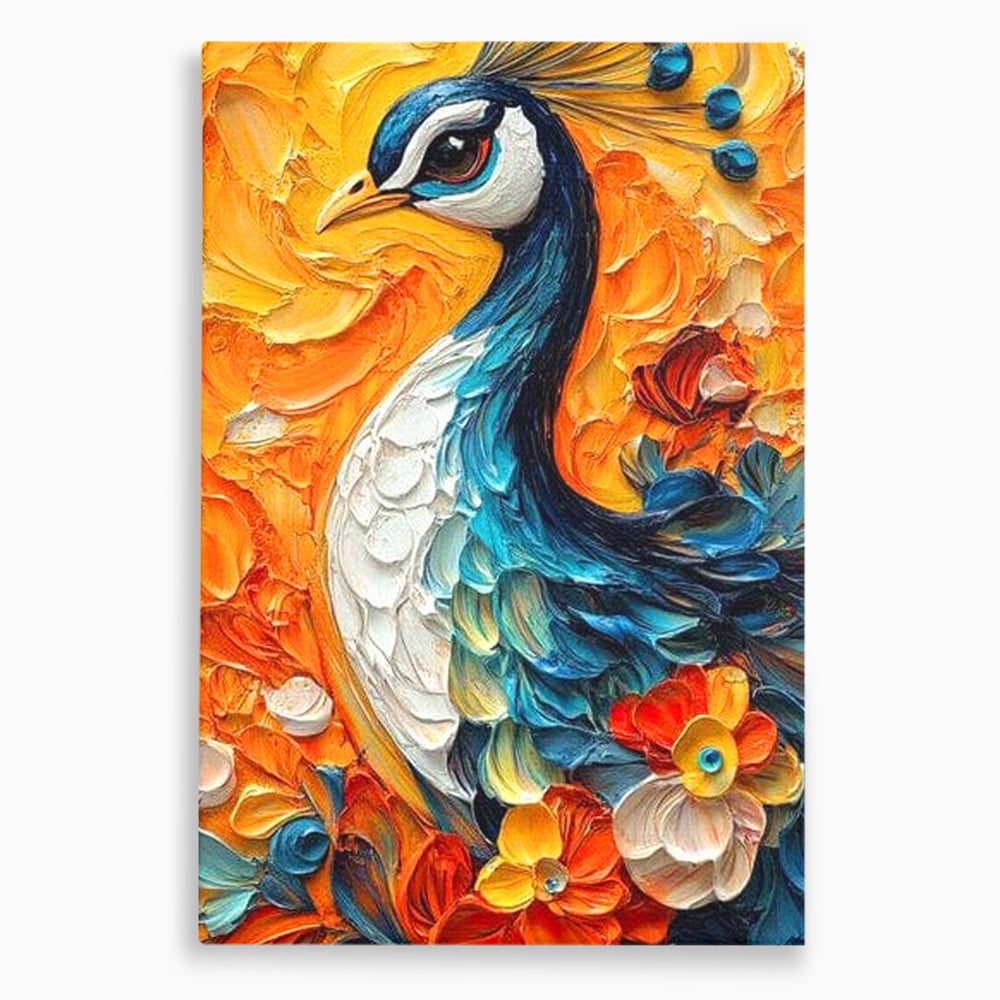 Leinwandbilder Premium, LuxCanva® M1010, Pfau Gemalt Sonne, Vogel, Vogel, Vogelfeder, Blumen, Blütenblätter, Porträt, Pfau, Elegant, Textur, Farbig, Büro, Wohnen, Kinderzimmer