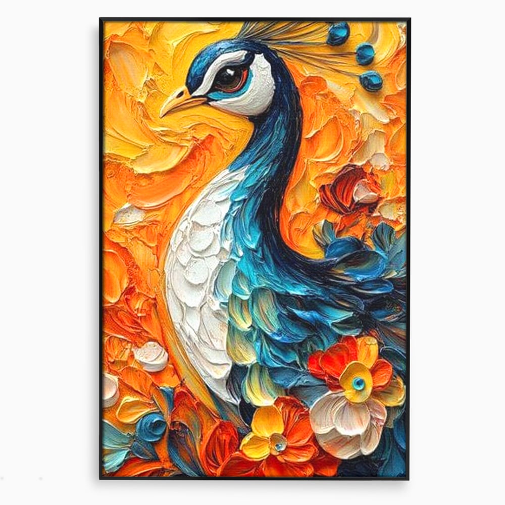 Leinwandbilder Premium, LuxCanva® M1010, Pfau Gemalt Sonne, Vogel, Vogel, Vogelfeder, Blumen, Blütenblätter, Porträt, Pfau, Elegant, Textur, Farbig, Büro, Wohnen, Kinderzimmer