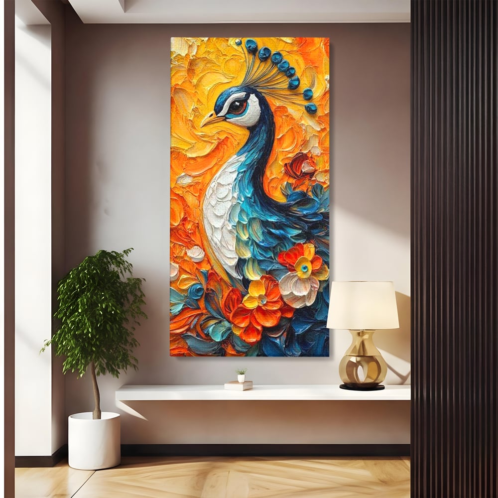 Leinwandbilder Premium, LuxCanva® M1010, Pfau Gemalt Sonne, Vogel, Vogel, Vogelfeder, Blumen, Blütenblätter, Porträt, Pfau, Elegant, Textur, Farbig, Büro, Wohnen, Kinderzimmer
