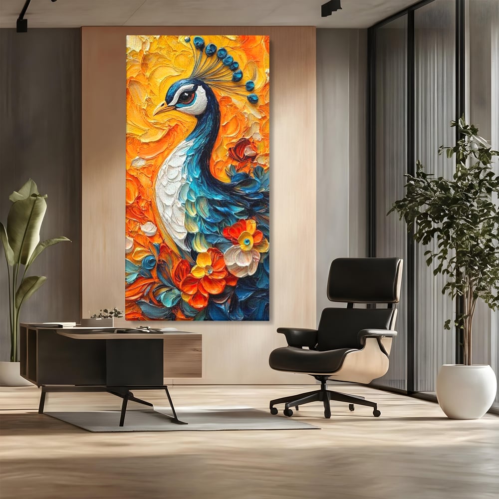 Leinwandbilder Premium, LuxCanva® M1010, Pfau Gemalt Sonne, Vogel, Vogel, Vogelfeder, Blumen, Blütenblätter, Porträt, Pfau, Elegant, Textur, Farbig, Büro, Wohnen, Kinderzimmer