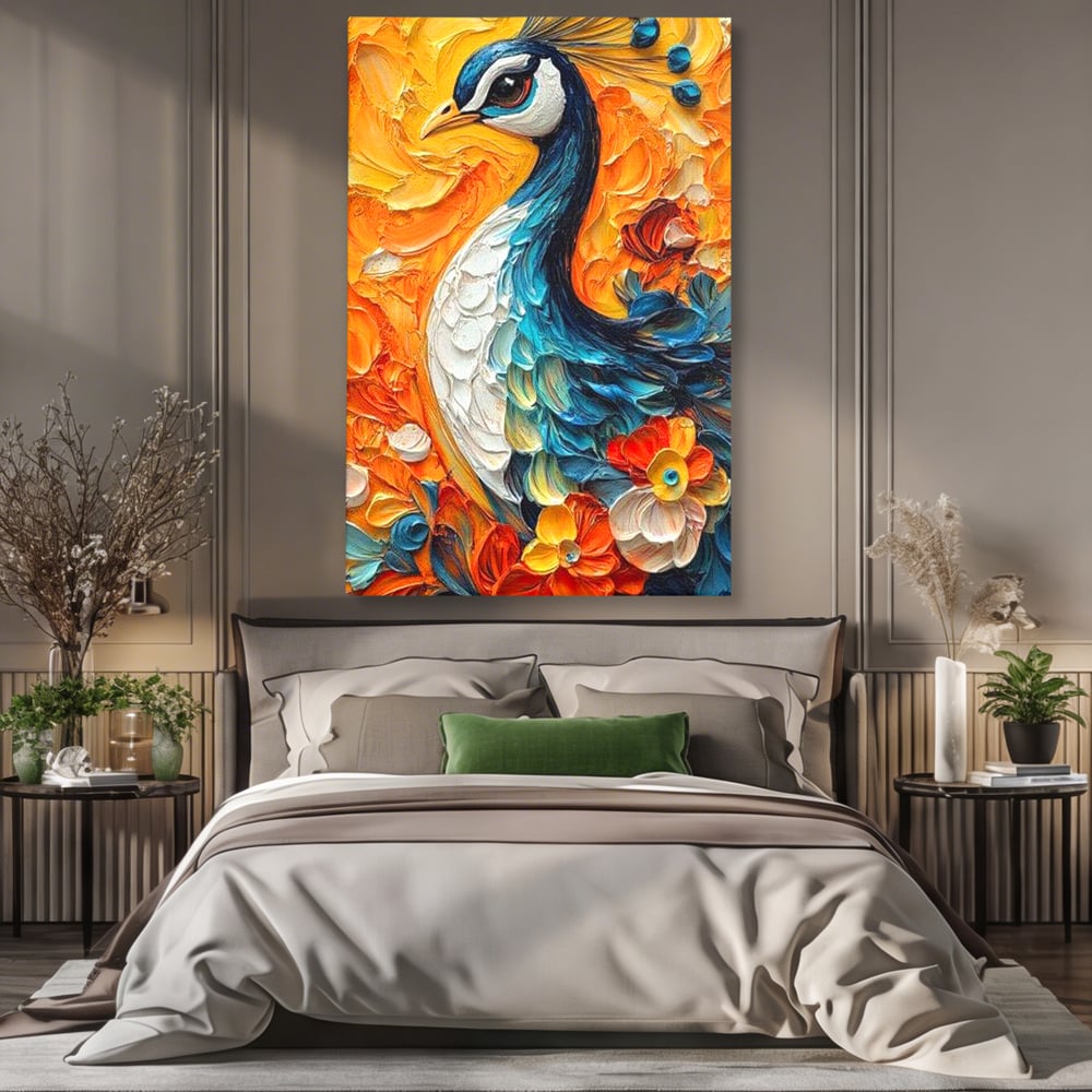 Leinwandbilder Premium, LuxCanva® M1010, Pfau Gemalt Sonne, Vogel, Vogel, Vogelfeder, Blumen, Blütenblätter, Porträt, Pfau, Elegant, Textur, Farbig, Büro, Wohnen, Kinderzimmer