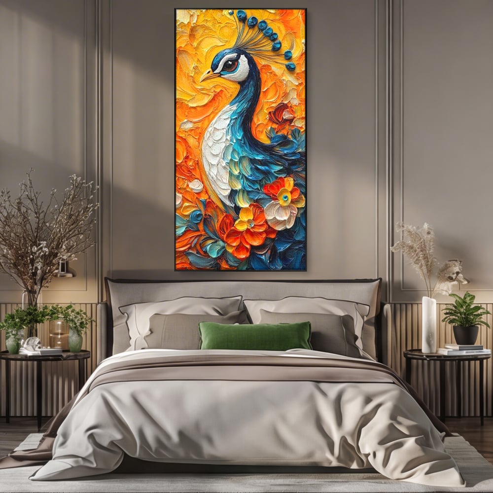 Leinwandbilder Premium, LuxCanva® M1010, Pfau Gemalt Sonne, Vogel, Vogel, Vogelfeder, Blumen, Blütenblätter, Porträt, Pfau, Elegant, Textur, Farbig, Büro, Wohnen, Kinderzimmer