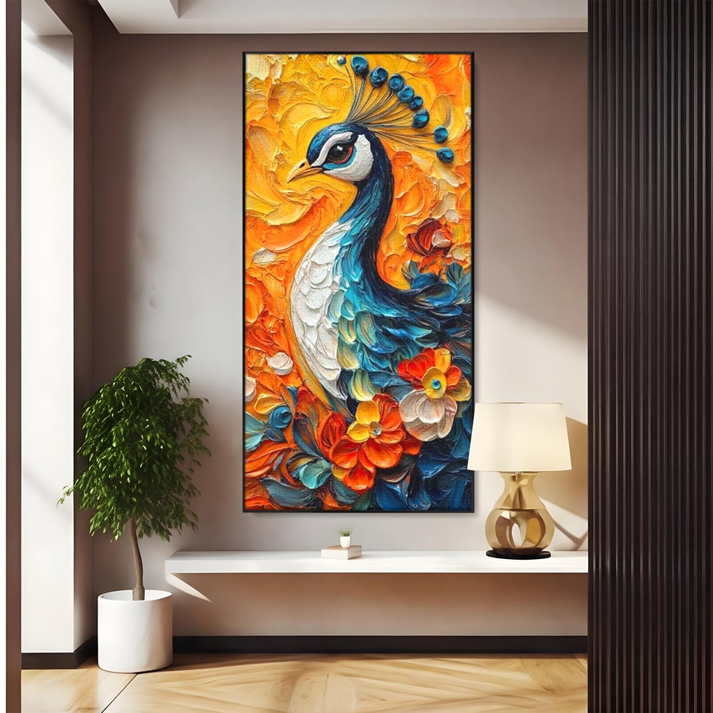 Leinwandbilder Premium, LuxCanva® M1010, Pfau Gemalt Sonne, Vogel, Vogel, Vogelfeder, Blumen, Blütenblätter, Porträt, Pfau, Elegant, Textur, Farbig, Büro, Wohnen, Kinderzimmer