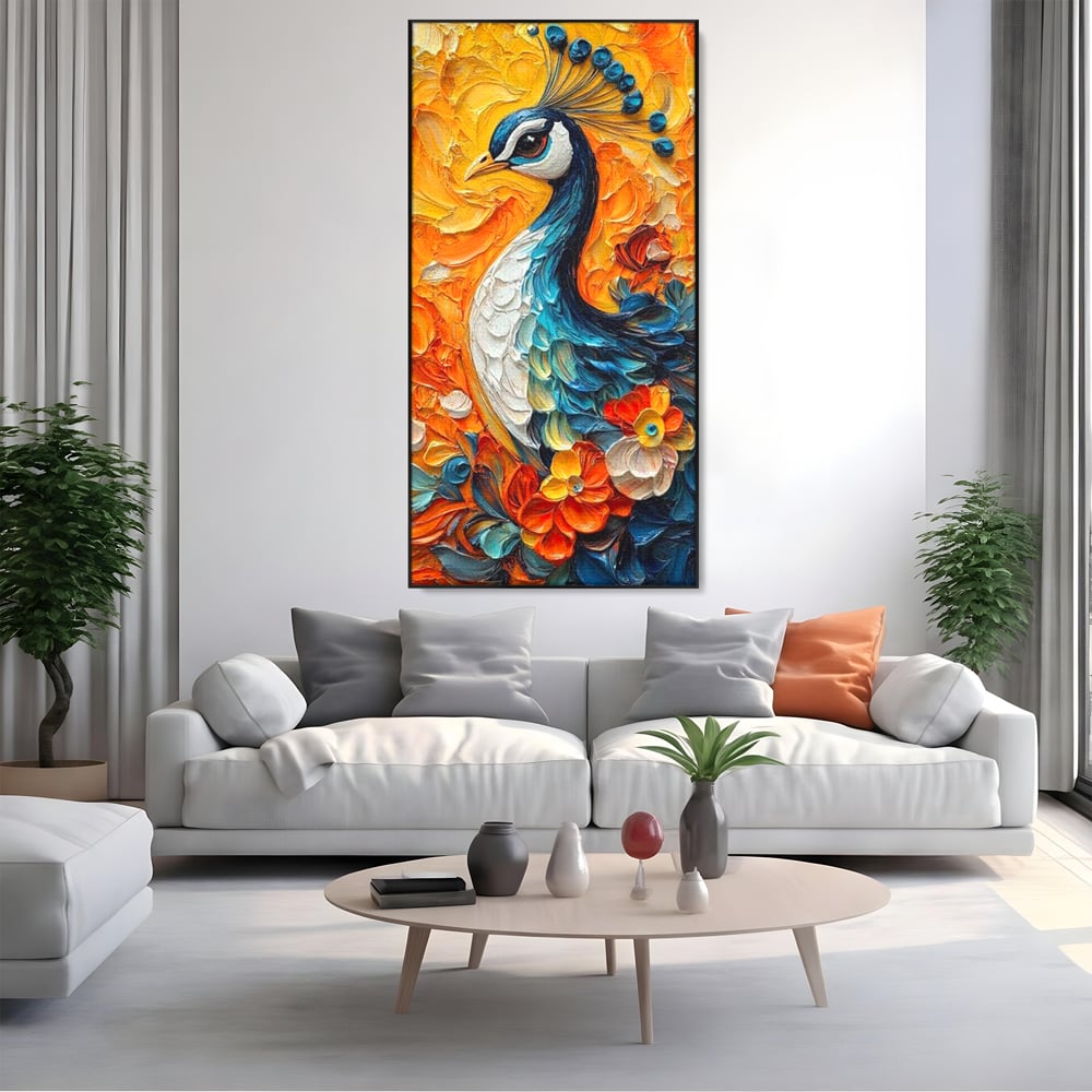 Leinwandbilder Premium, LuxCanva® M1010, Pfau Gemalt Sonne, Vogel, Vogel, Vogelfeder, Blumen, Blütenblätter, Porträt, Pfau, Elegant, Textur, Farbig, Büro, Wohnen, Kinderzimmer