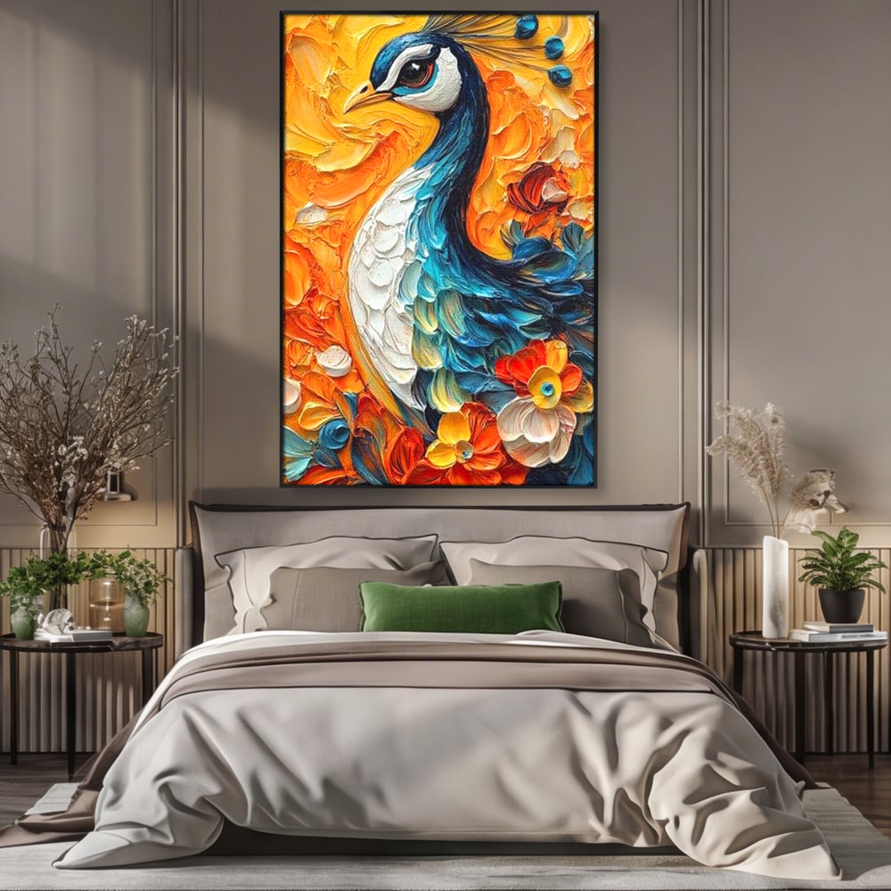 Leinwandbilder Premium, LuxCanva® M1010, Pfau Gemalt Sonne, Vogel, Vogel, Vogelfeder, Blumen, Blütenblätter, Porträt, Pfau, Elegant, Textur, Farbig, Büro, Wohnen, Kinderzimmer