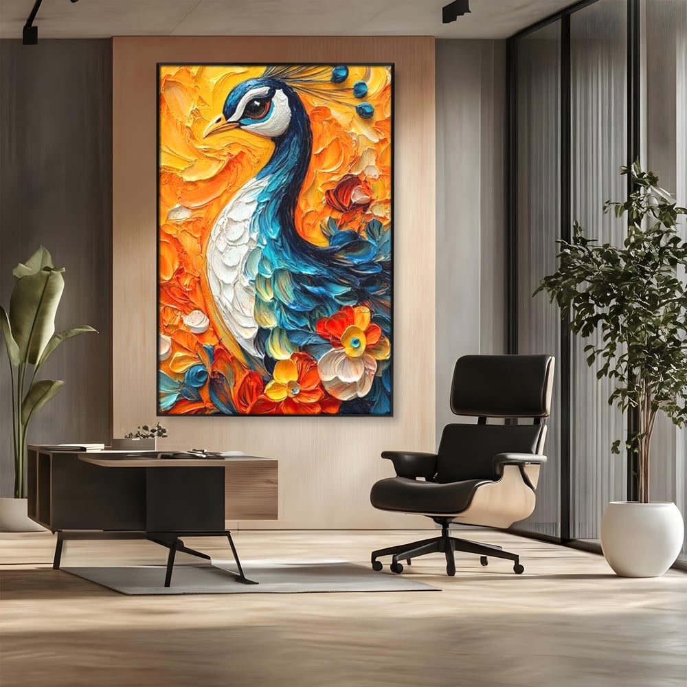 Leinwandbilder Premium, LuxCanva® M1010, Pfau Gemalt Sonne, Vogel, Vogel, Vogelfeder, Blumen, Blütenblätter, Porträt, Pfau, Elegant, Textur, Farbig, Büro, Wohnen, Kinderzimmer